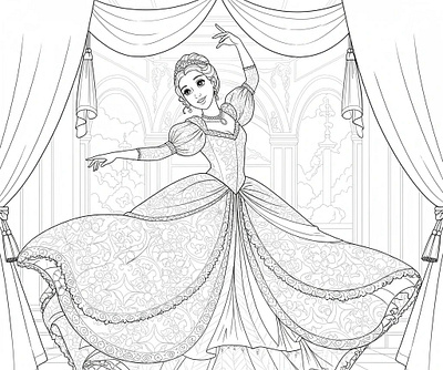 Black and white line art coloring page of a princess