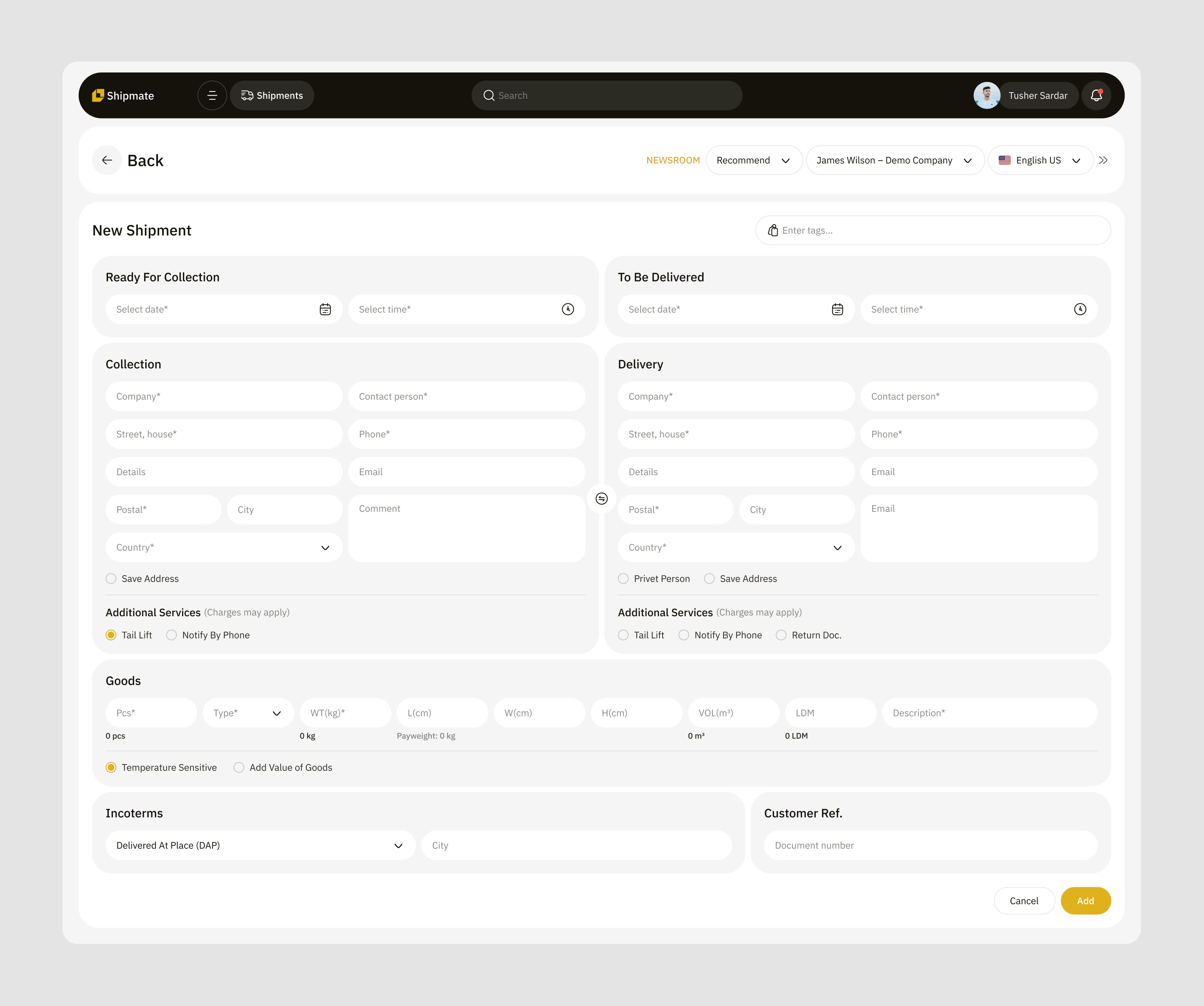 Shipmate Dashboard - Add Shipment Page add b2b clean dashboard data delivery input fields inputs interface logistic dashboard overview saas shipment shipment dashboard shipping transportation ui ux web app website