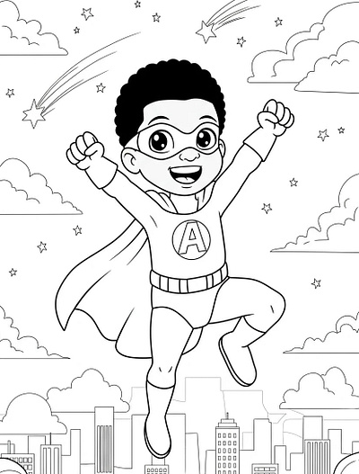 A black child superhero with an 'A' on his chest flies