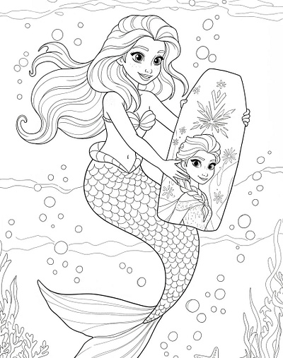 Line drawing of a mermaid holding a kickboard