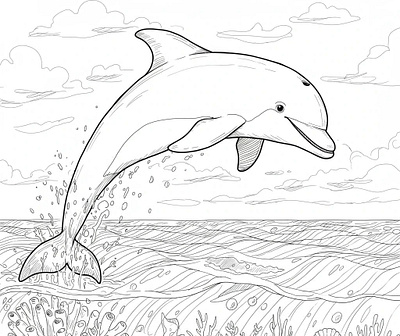 Black and white line art of a dolphin