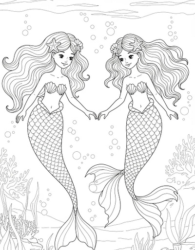 Line art of two cute mermaids with long wavy hair