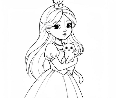 A black and white line art drawing of a princess
