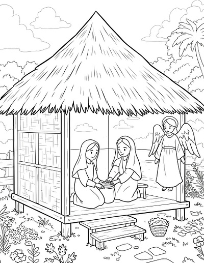 Mary and another woman kneeling inside a nipa hut