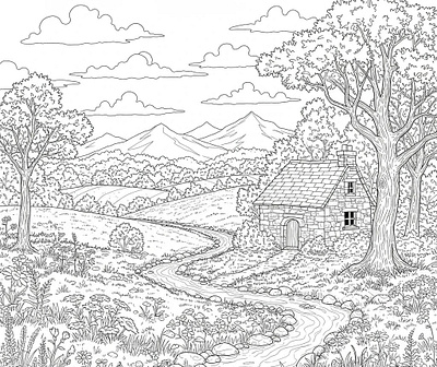 Black and white line drawing of a cottage