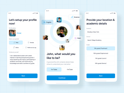 Setup Your Profile! blue design education gender grade kids learning location mobile app peer profile school setup tutee tutor ui ux strategy