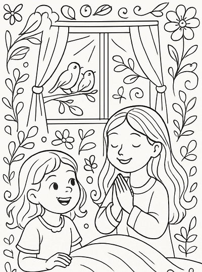 Line art drawing of two girls, one praying, one smiling