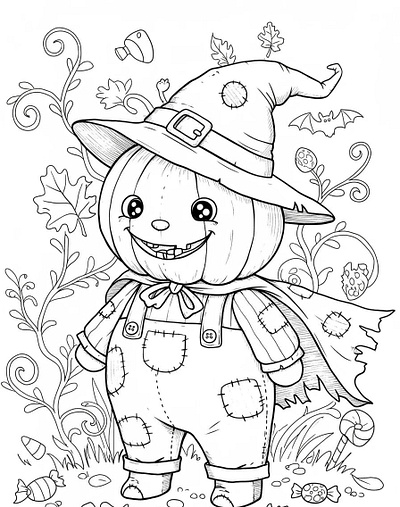 A cute pumpkin character in a witch hat and overalls