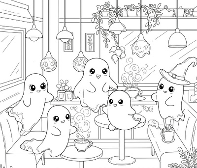 Kawaii ghosts drinking coffee in a minimal detailed cafe