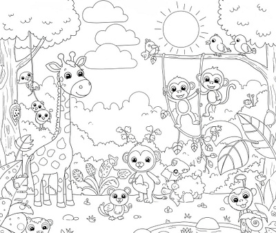 Black and white coloring page of a jungle scene