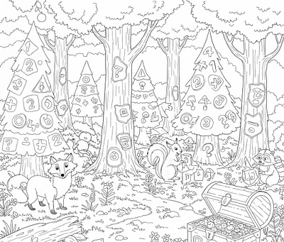 A black and white line art coloring page of a forest scene