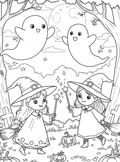 Black and white coloring page of two smiling cartoon ghosts