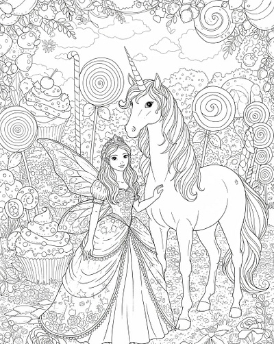 Line art coloring page of a fairy princess with a unicorn