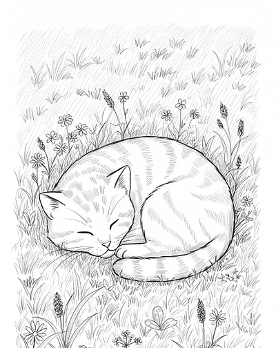 A cute tabby cat curled up sleeping in a field