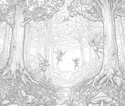 Line art coloring page of an enchanted forest