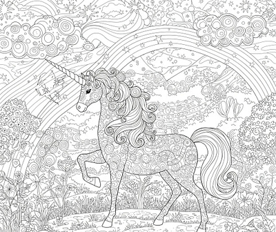 Detailed line drawing of a magical unicorn