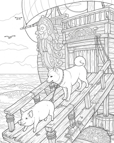A black and white line drawing for a coloring book