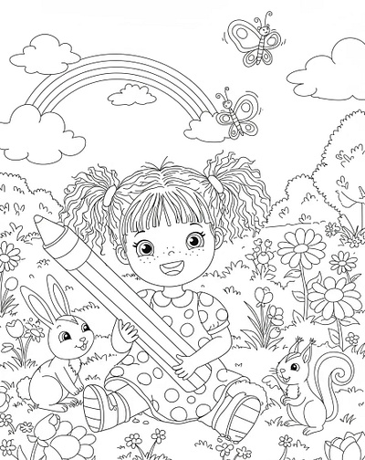 Black and white coloring page of a happy cartoon girl