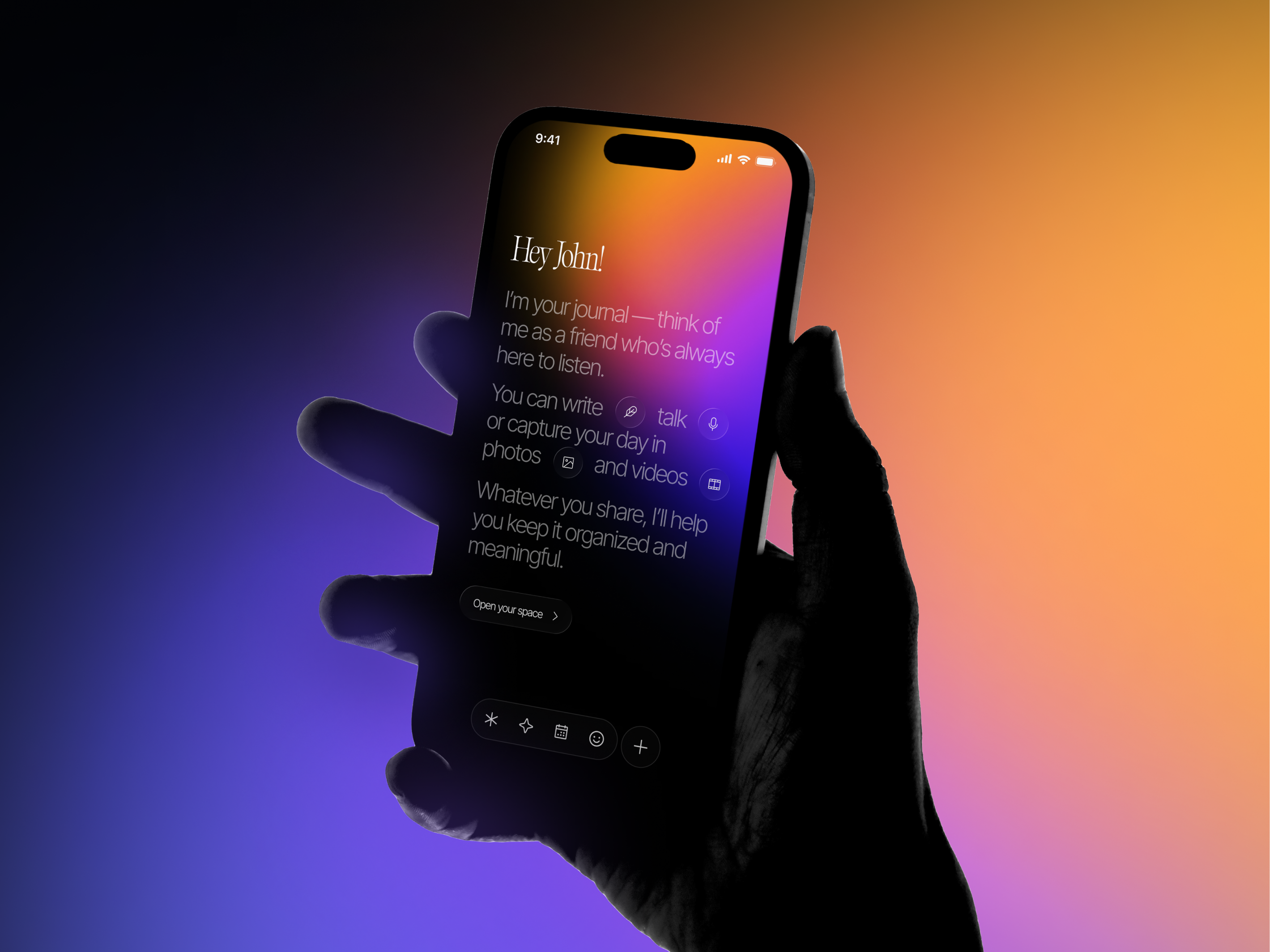 Personal AI-Powered Diary Mobile App ai bot ai operator ai powered mobile app ai product design app application dark app gradient ios mobile app design mobile interface mobile ui neon neural network personal personlal diary product design startup widget