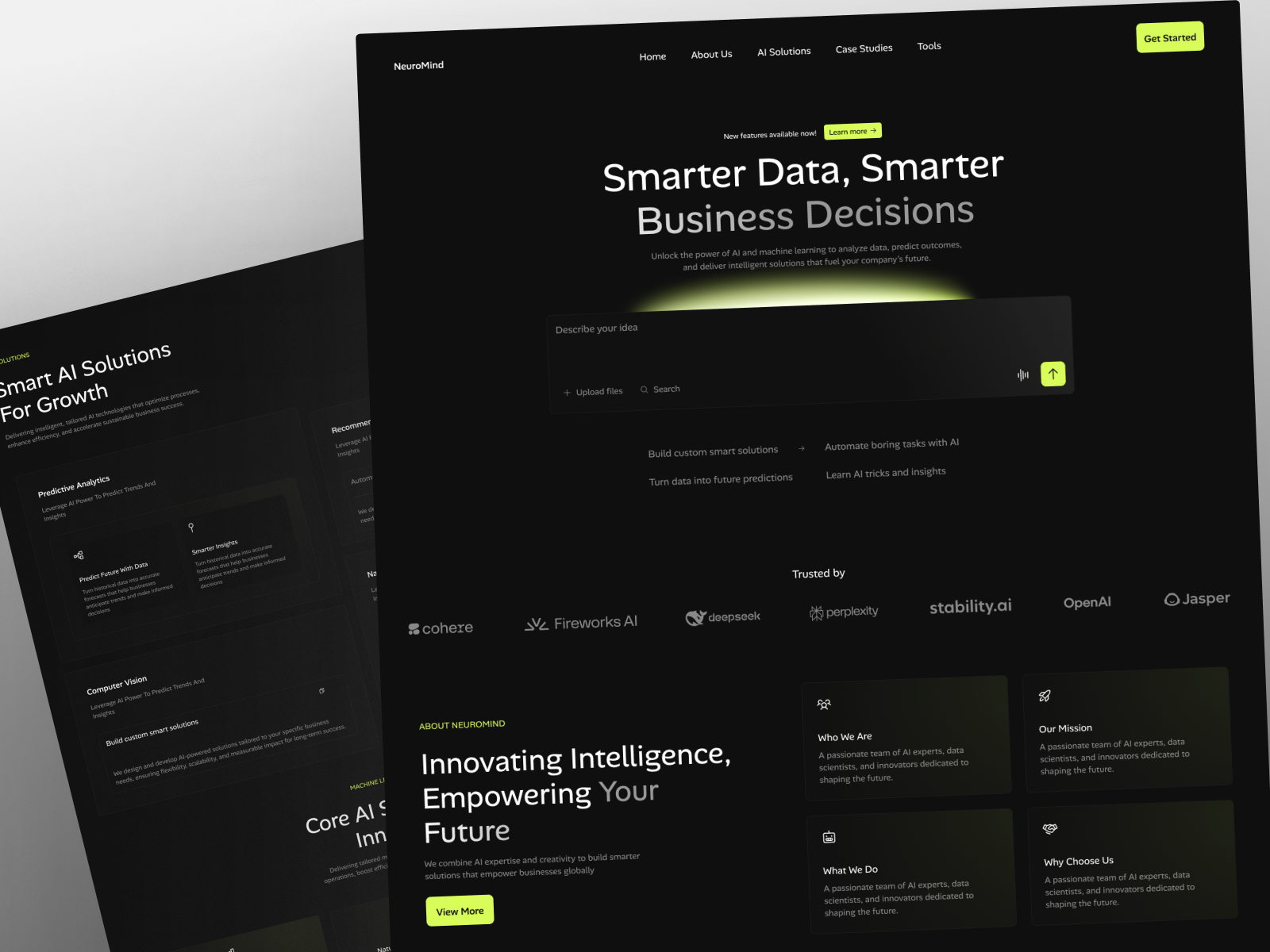 AI & Machine Learning Website Landing Page for Tech Innovation ai ai startup clean dark mode landing page machine learning modern saas design web design website