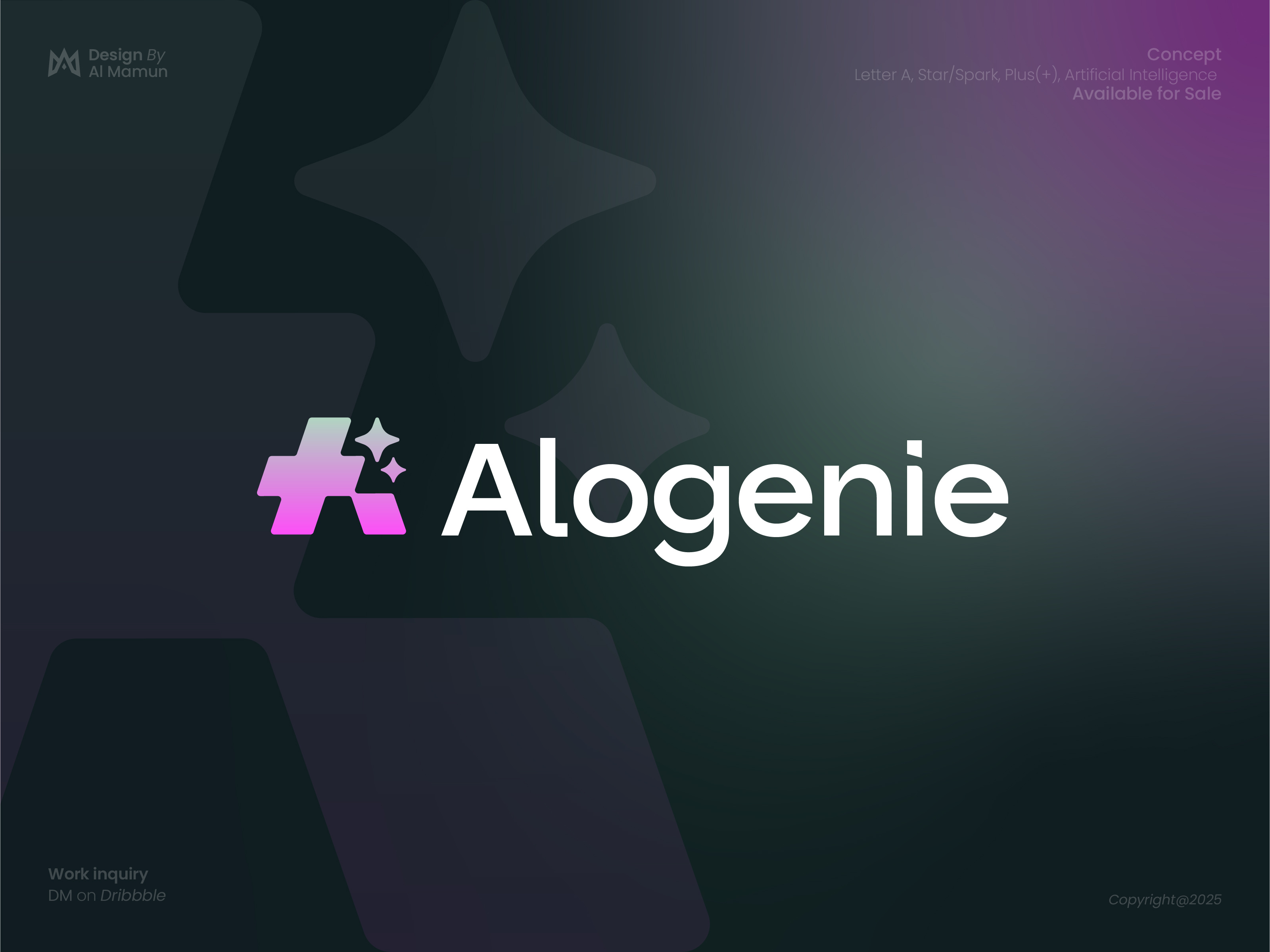 Alogenie - Artificial Intelligence Logo Concept alogenie branding concept for sale gradient identity letter a logo logo logo design logo designer logo icon modern logo plus spark star symbol timeless unique