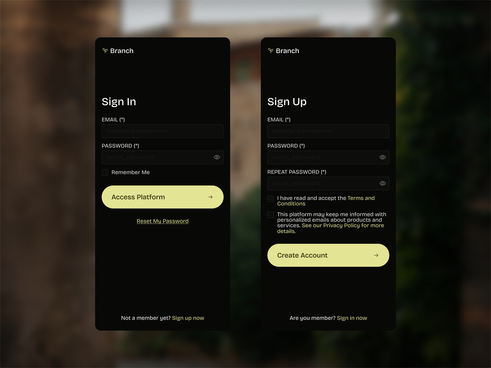 Branch Platform - SignIn/SignUp clean concept crm dark flat graphic design login minimal mobile register saas signin signup sketch ui