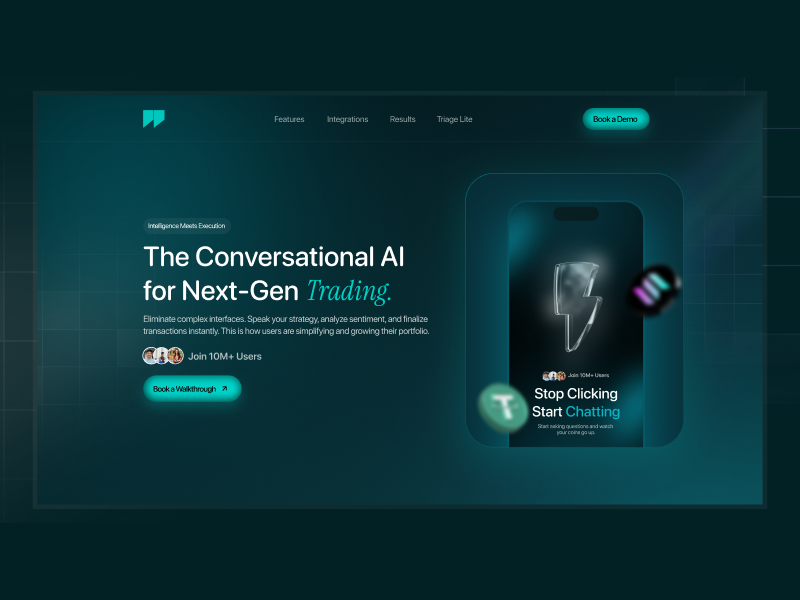 Conversational AI Trading Landing Page ai artificial intelligence blue chat crypto dark mode design interaction landing landing page llm mobile ui uiux ux web web design web3 website