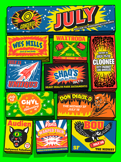 INSOMNIAC - JULY CONCERTS CALENDAR art direction graphic design illustration layout design typography