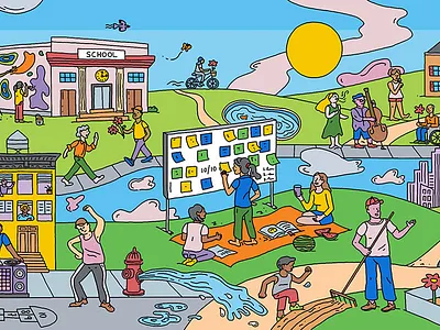 Website illustration for the new Idealist.org homepage black outline brand design brand identity branding cartoon digital art graphic design illustration landscape non profit procreate seek and find volunteer webillustration