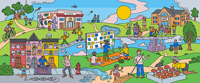 Website illustration for the new Idealist.org homepage black outline brand design brand identity branding cartoon digital art graphic design illustration landscape non profit procreate seek and find volunteer webillustration