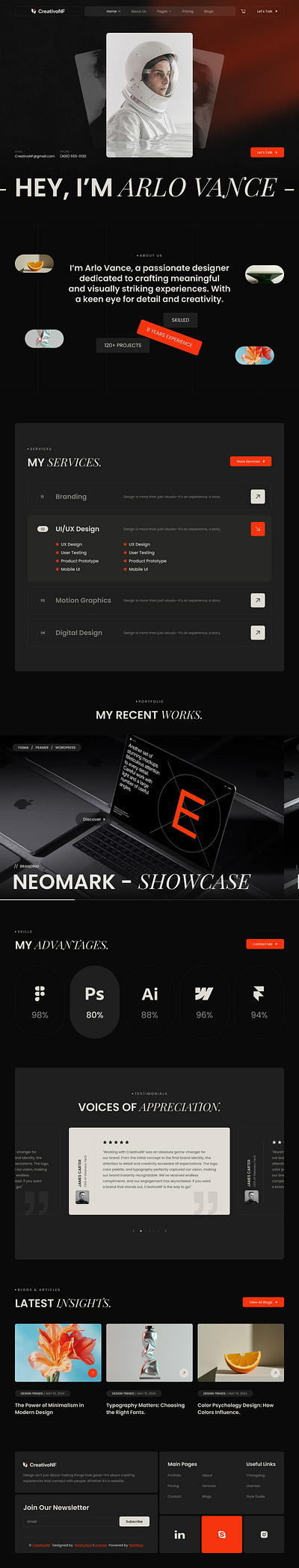 CreativoNF - Portfolio & Agency Website Template agency animation branding design figma figmadesign illustration landing page madeinwebflow nocode portfolio ui web design web development webflow website design website development