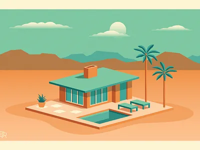 House_Dimetric Illustration_BRD_10-8-25 2.5d 3d desert dimetric house illustration ilustrator isometric mid century modern mountains palm springs palm trees