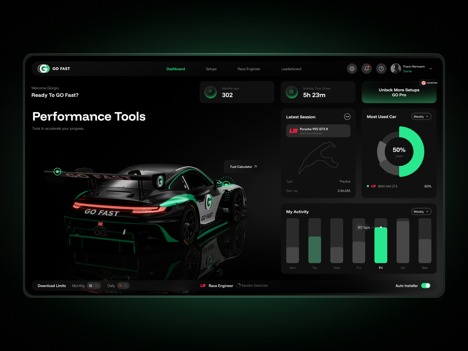 GO Fast - App Dashboard analytics dashboard dashboarddesign data desktop app gaming motorsport performanceanalytics porsche product design race engineer racing racingapp simracing telemetry ui ux web app