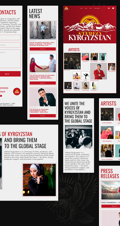 Music label website ui artists directory blog news design branding central asia grid system hero section jost kyrgyzstan landing page minimal design music label playlist embed record label red ui responsive typography ux design web layout website design