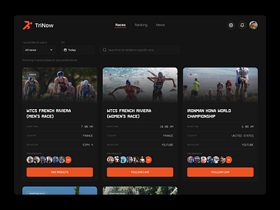 TriNow - Triathlon platform design desktop interface design sports sports design triathlon ui ui design user interface ux ux design