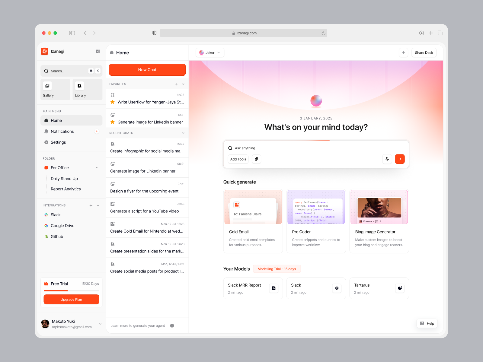 Izanagi - AI Chat Dahsboard ai assistant ai dashboard app design chat dashboard clean dashboard creative app enterprise app minimal design modern design modern ui product design productivity tool saas ui team collaboration ui ux ui design web app design workflow automation