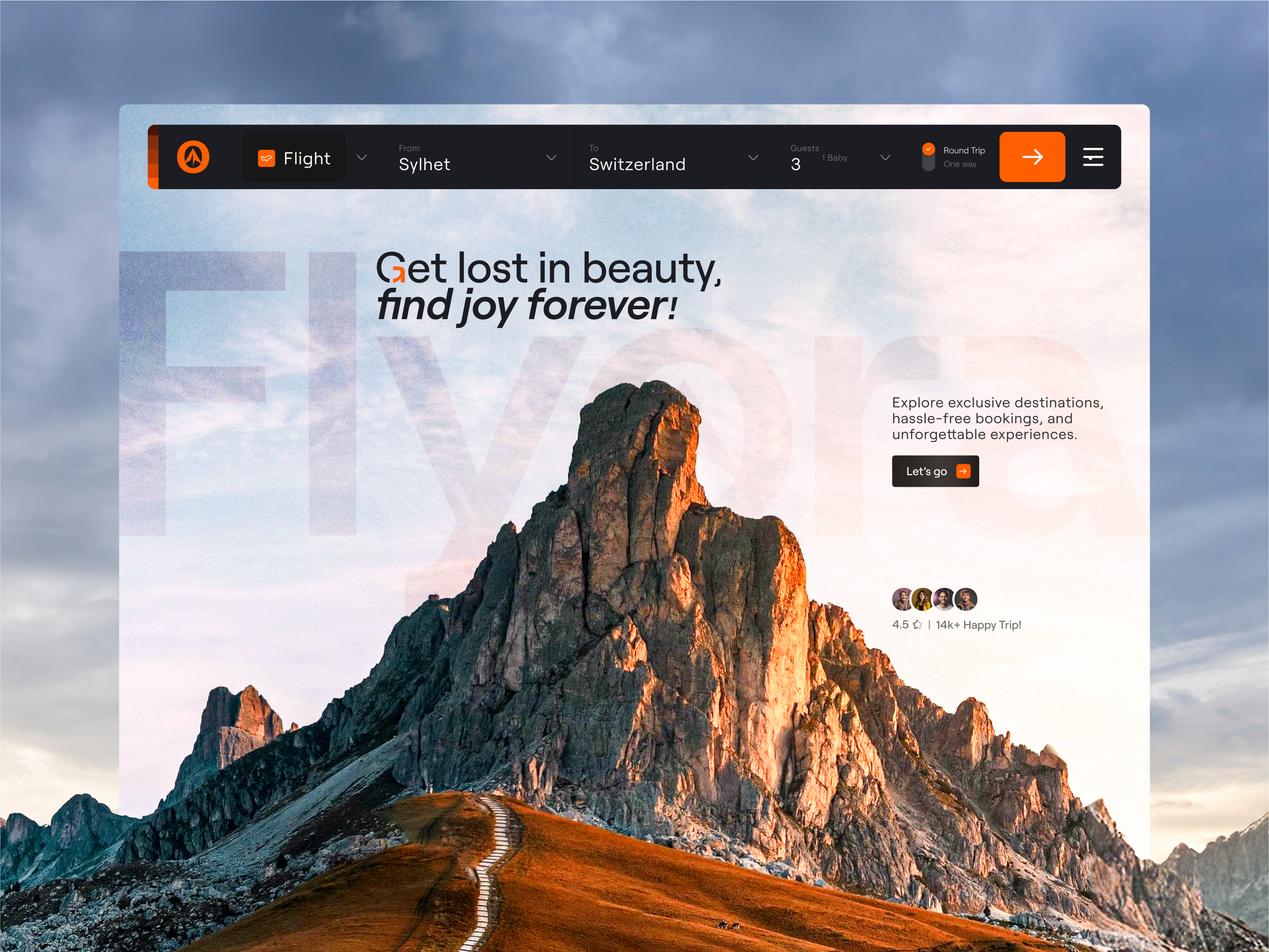 Flyora - Travel Website Design • Hero Section adventure booking platform branding design dribbble daily inspiration flight booking hero section landing page modern ui mountain outdoor tourism website travel agency travel website trending ui wanderlust web design website design wingly