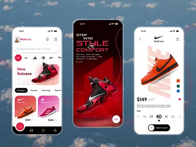 Walkvia – Shoe shopping app 👟 ai animation app concept app design e commerce fashion e commerce footwear ui mobile mobile app mobile app design nike online shopping app product shoe shopping app shoes app shopping shopping app ui sneaker store app ui ux