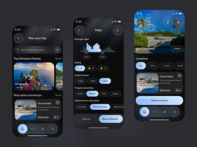 Travel and Hotel Booking Mobile App UIUX Design app design best design booking app booking platform dark mode hotel booking app minimal design mobile app mobile app design mobile ui concept popular app service app tourism app travel agency app travel app travel ui trip management trip planner ui ux design user friendly design