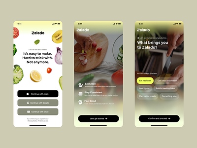 Zalado® - Onboarding clean clean ui diet diet app food login login flow mobile app mobile app onboarding mobile ui onboarding onboarding flow onboarding questionnaire recipe salad app sanal signup stead ueno ueno.co