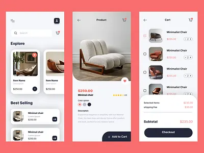E-Commerce App UI Recreation – Minimalist Chair Shop 3 page app creative direction daily ui challenge design design practice e commerce figma figmadesign modern recreation store ui ux