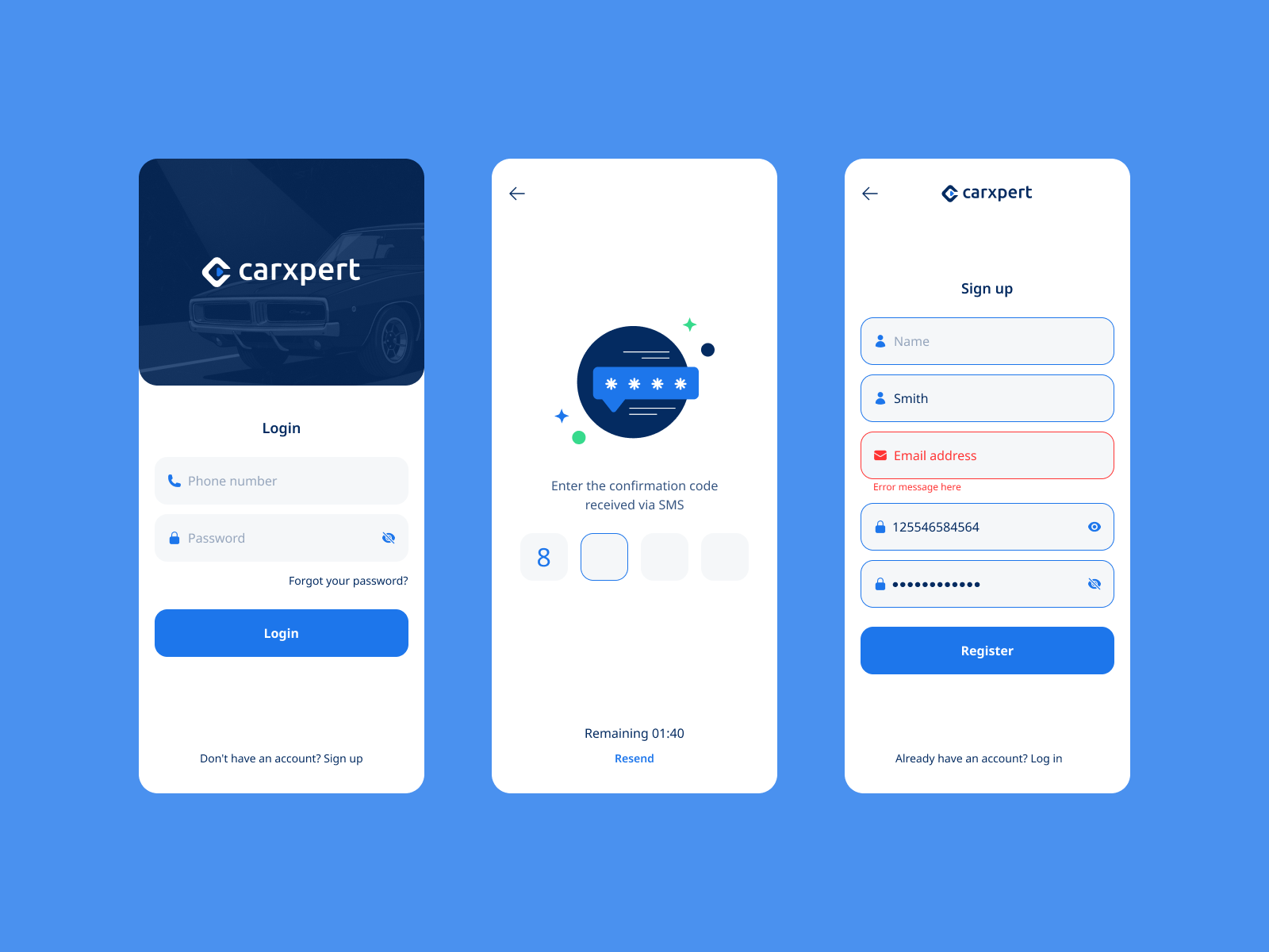 CarXpert - Login & Registration Screens appdesign automotive carapp design figma interactiondesign login minimal mobileapp productdesign register uiinspiration uxuidesign