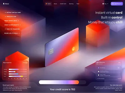 Blaze.fi landing page | web design 3d ai akshay hooda animation banking card components credit card finance fintech glass hero hero section home page landing page neobank popular ui web design website