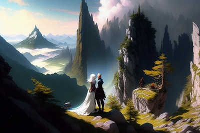 Panoramic Landscape with Newlyweds digital art elf lovers fantasy landscape married couple married elf couple panoramic landscape