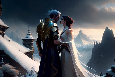 Lovers on Snowy Mountain Saying Goodbye cg landscape digital art fantasy landscape lovers embracing snowscape snowy landscape