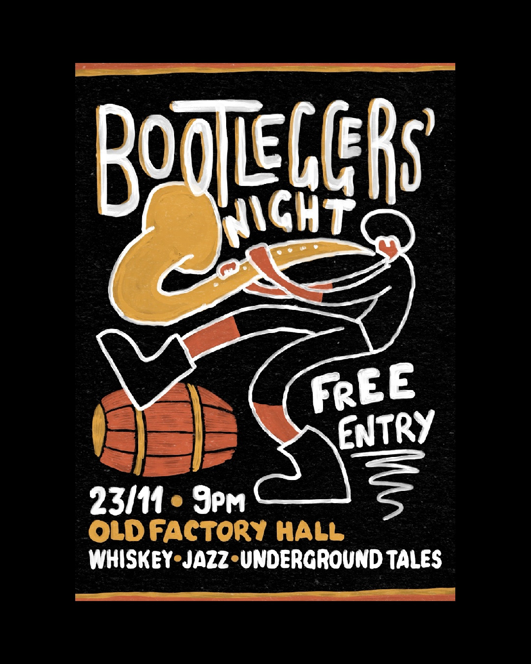 Illustrated poster for Jazz live - "Bootleggers' Night" digital art graphic design handlettering illustration typography