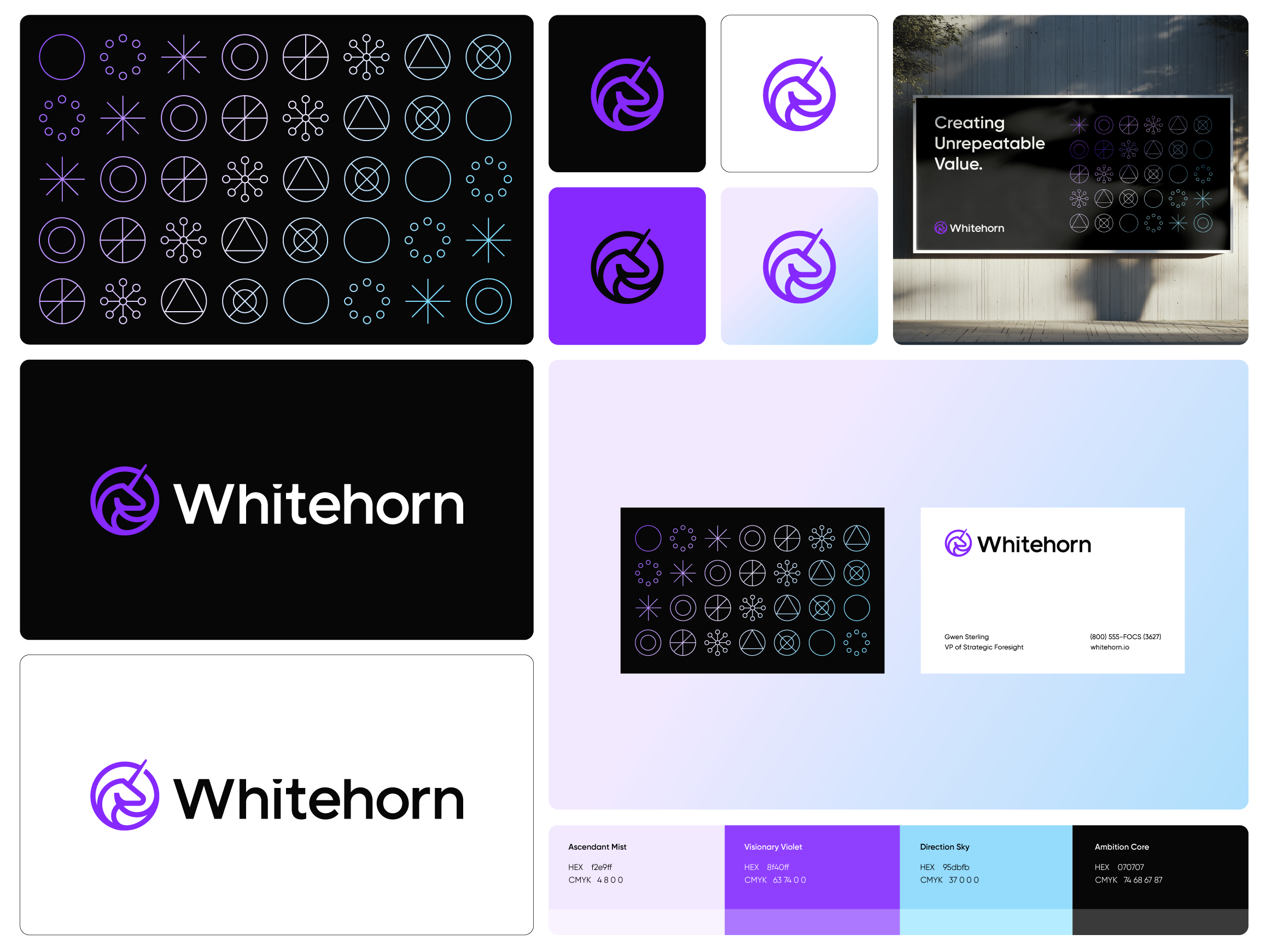 Whitehorn animal logo branding business cards geometric gradient horse logo modern logo monoline pattern symbol tech logo technology logo unicorn visual identity whitehorn