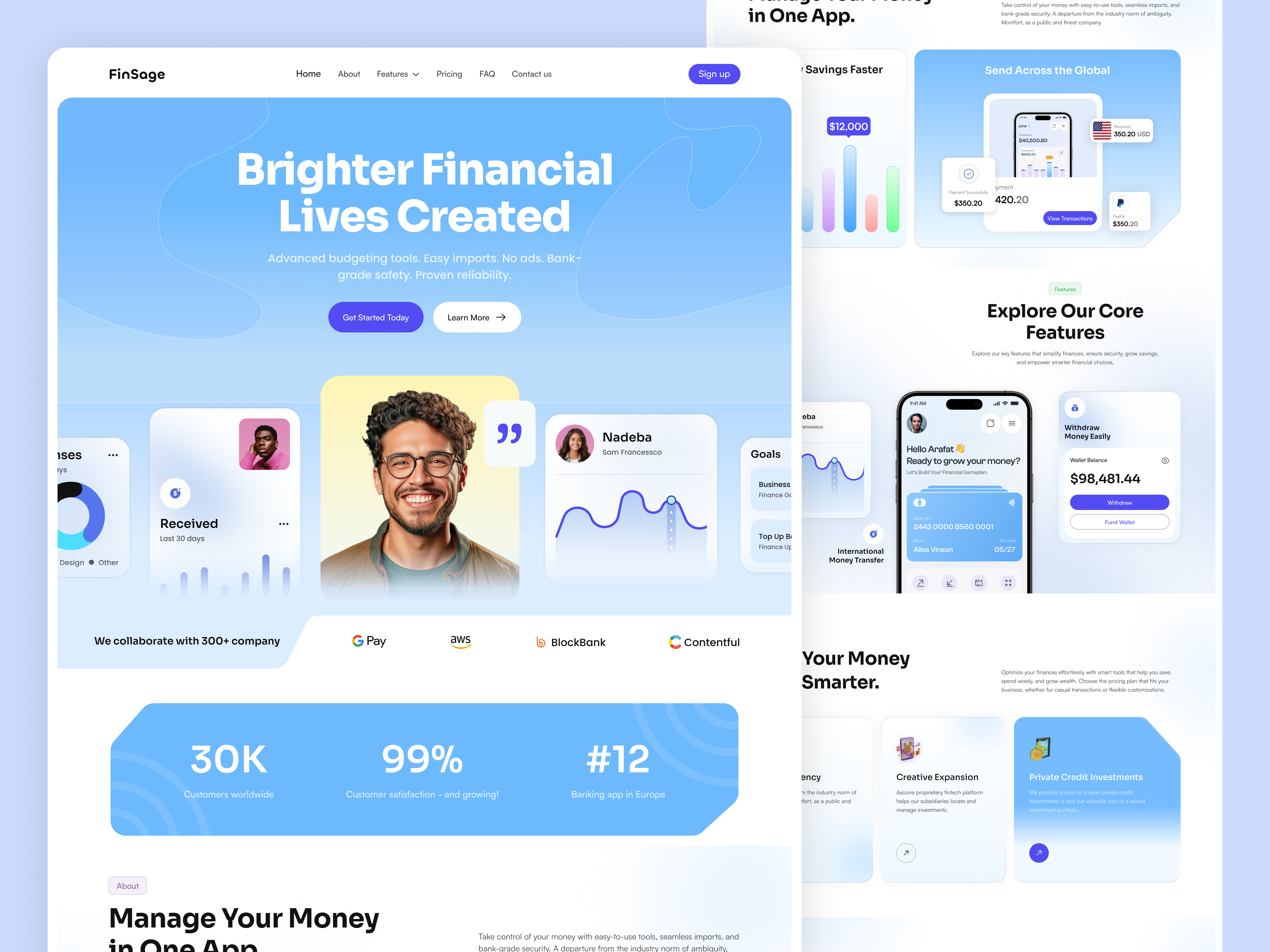 FinSage — Financial Website Design arobix digital banking exchange finance financial financial service fintech investment landing page mobile wallet modern payment responsive web design saas saas website transactions ui ux website
