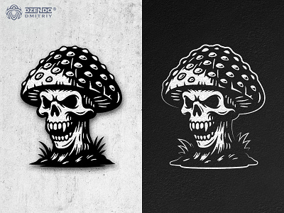 Skull-Mushroom mascot logo branding cartoon spore skeleton dark mycelium logo death cap mascot fungal skull hallucogenic fungi skull logo mushroom branding mycelium skull logo psychedelic spore skull skull mushroom mascot toxic mushroom cranium venomous mushroom skull logo