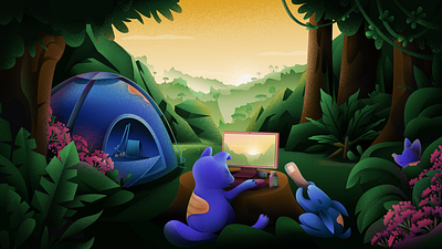Whimsical forest office illustration animal camping cartoon digital forest illustration leaves nature office outdoors remote tent trees work workplace